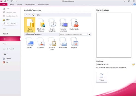 When you first start Access 2010, you see the New tab on the Backstage view.