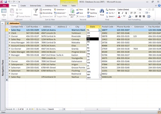The State field in the tblVendors web table is a Lookup Field that displays a list of state abbreviations.