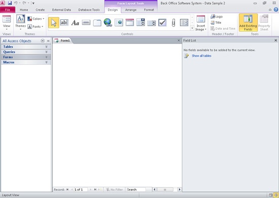When you click the Blank Form command on the ribbon, Access opens a new Form window in Layout view.