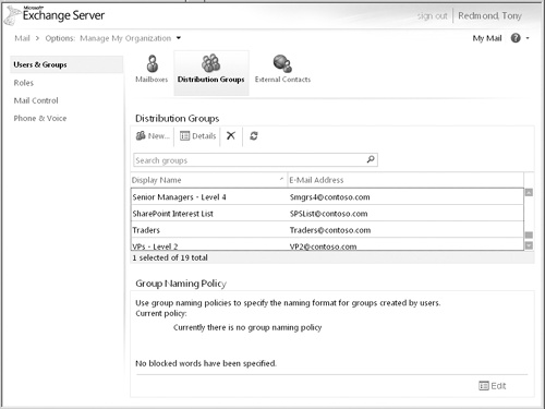 ECP user interface with additional options allowed by a role assignment.