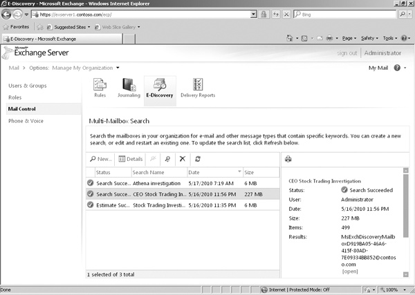 Viewing the ECP options for mailbox searches.