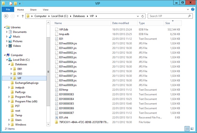 A screen shot of Windows Explorer positioned in the directory where Exchange holds the files for a mailbox database. The database (VIP.EDB) and its associated transaction logs is displayed.