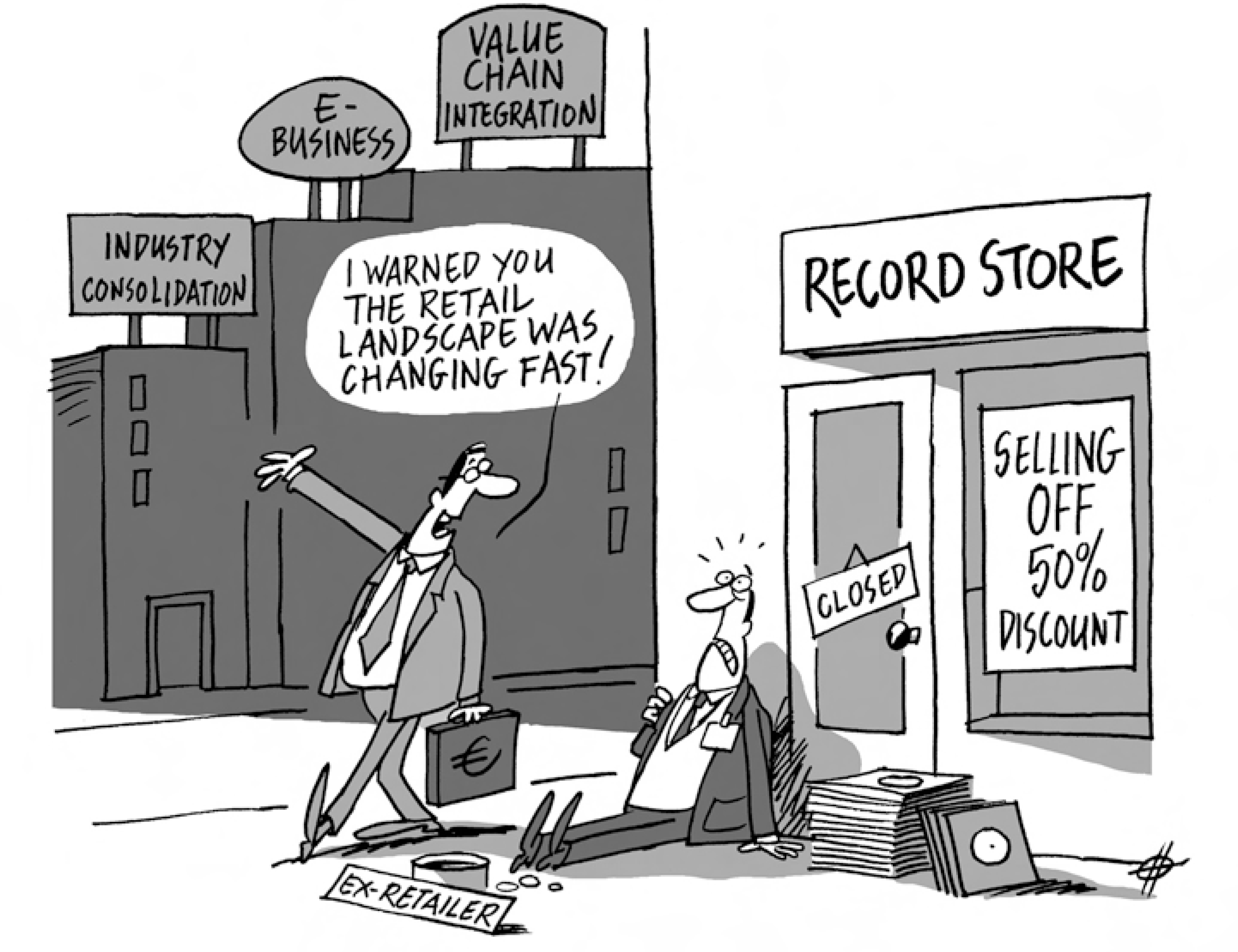 A cartoon illustration depicts change drivers in the retail value chain.