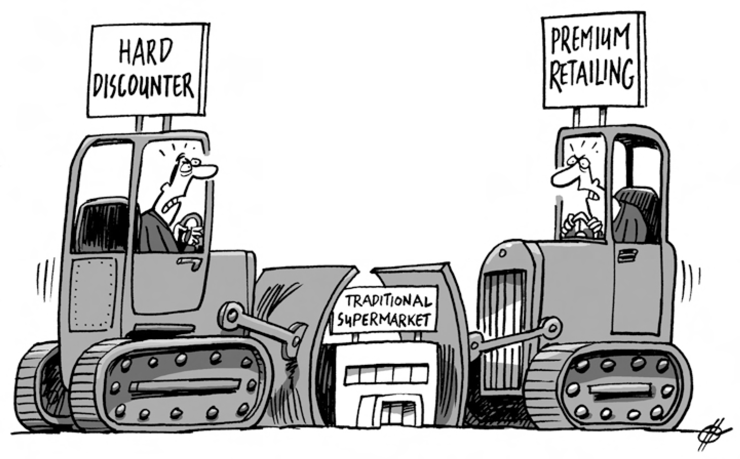 A cartoon illustration depicts retail formats.