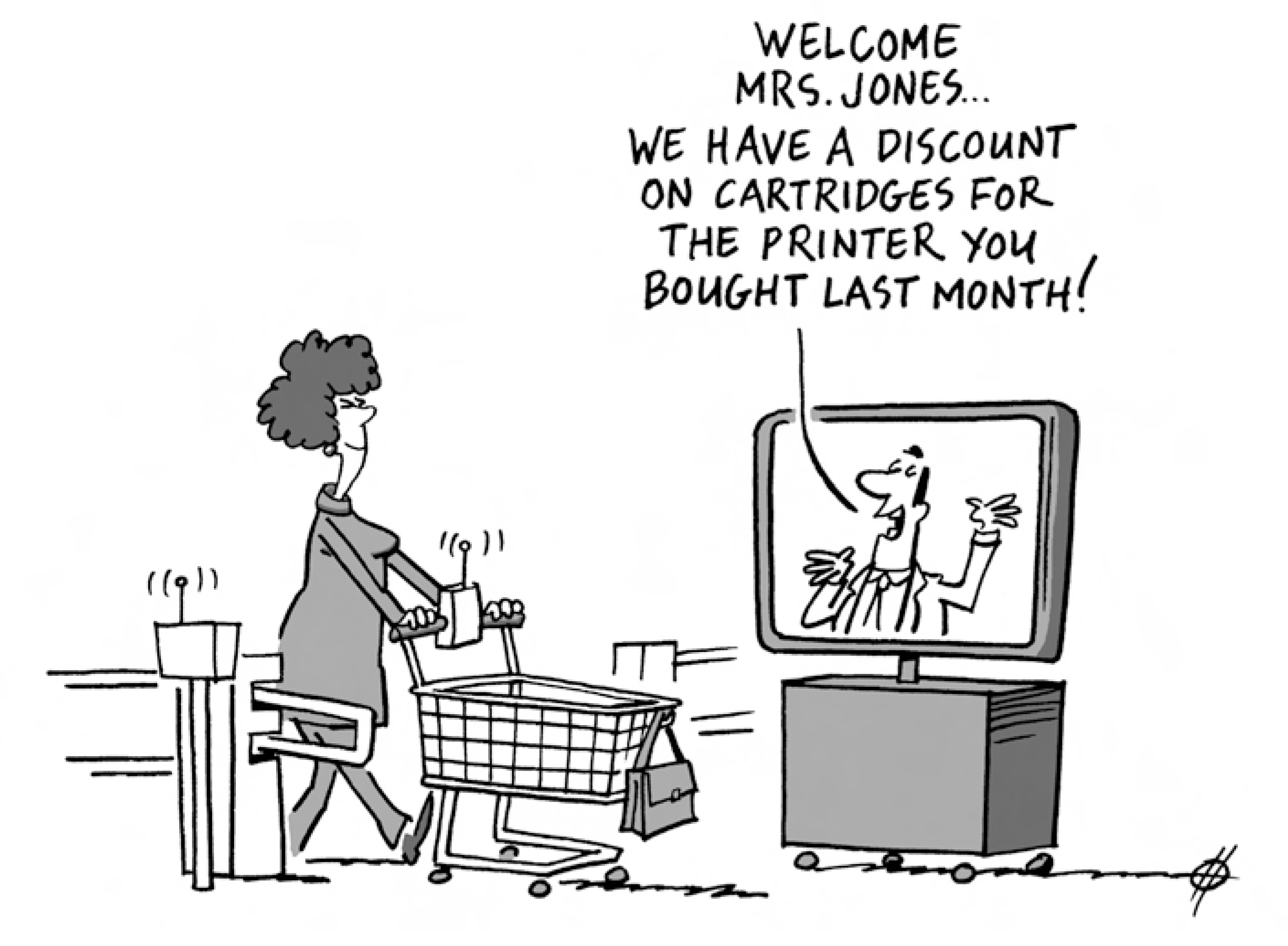 A cartoon illustration depicts loyalty programmes and shopper information sharing.