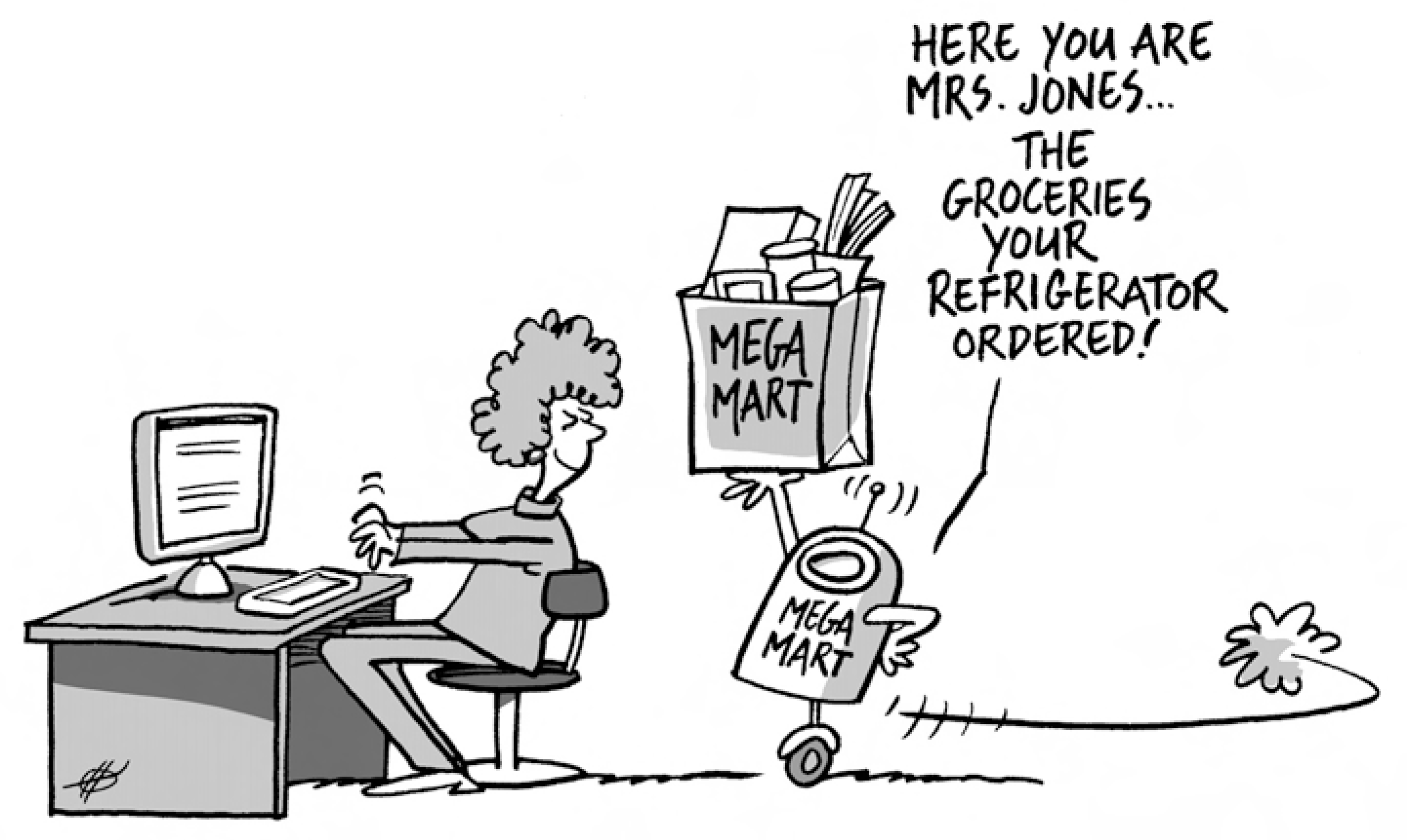 A cartoon illustration depicts the future where a megamart robot is interacting with Mrs. Jones.