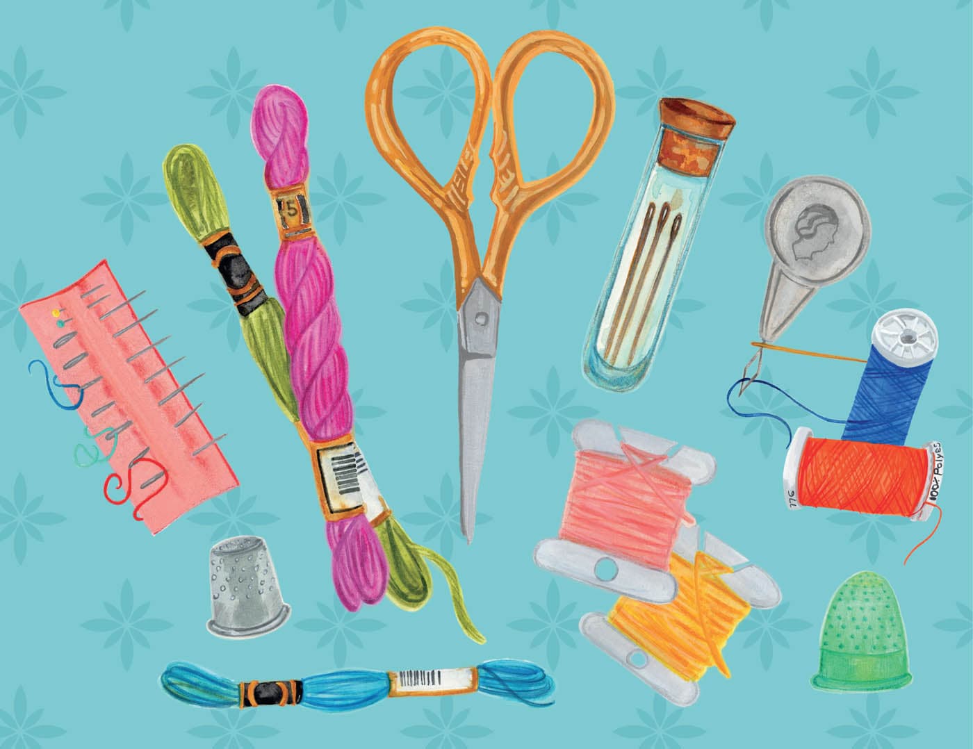 An illustration depicts a collection of embroidery tools and materials arranged on a light blue background with a subtle floral pattern.