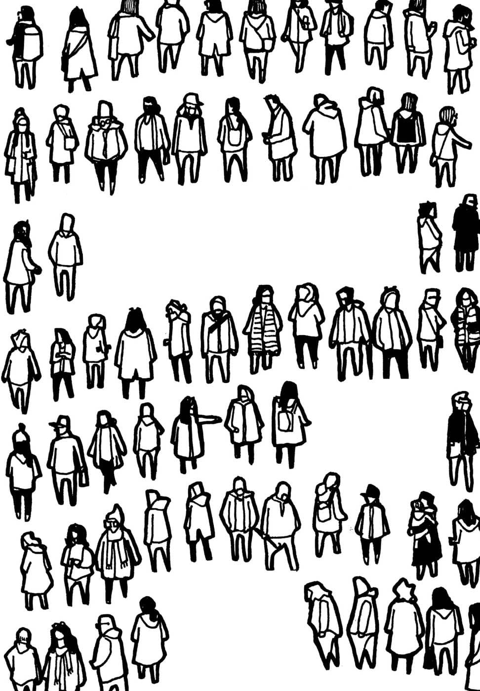 An illustration of numerous simplified human figures in various poses and outfits, arranged in rows.