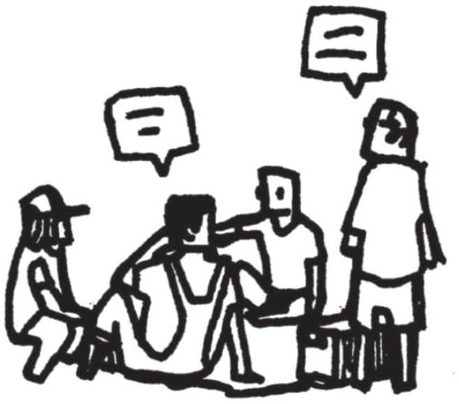 A sketch of four people sitting and standing in a casual group, with speech bubbles indicating conversation.