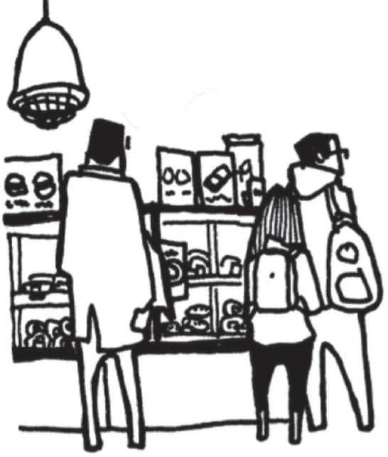A sketch of three people standing in front of shelves filled with various items.