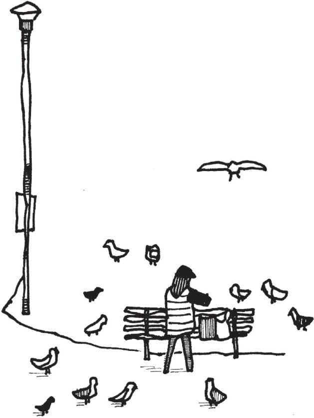 A sketch of a person standing in front of a bench surrounded by birds, with a streetlamp nearby.