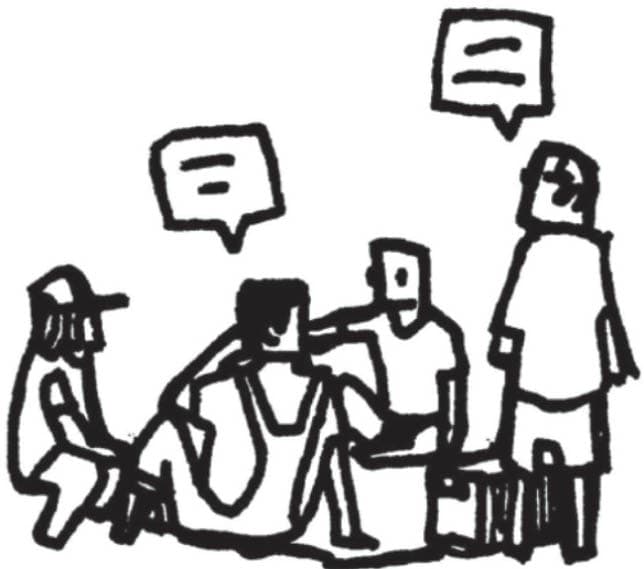 A sketch of four people sitting and standing in a casual group, with speech bubbles indicating conversation.