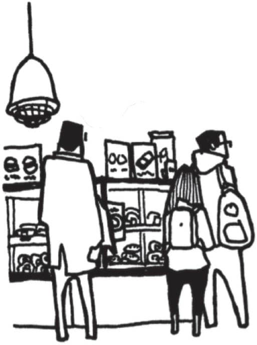 A sketch of three people standing in front of a bakery display, observing shelves filled with indistinct products.