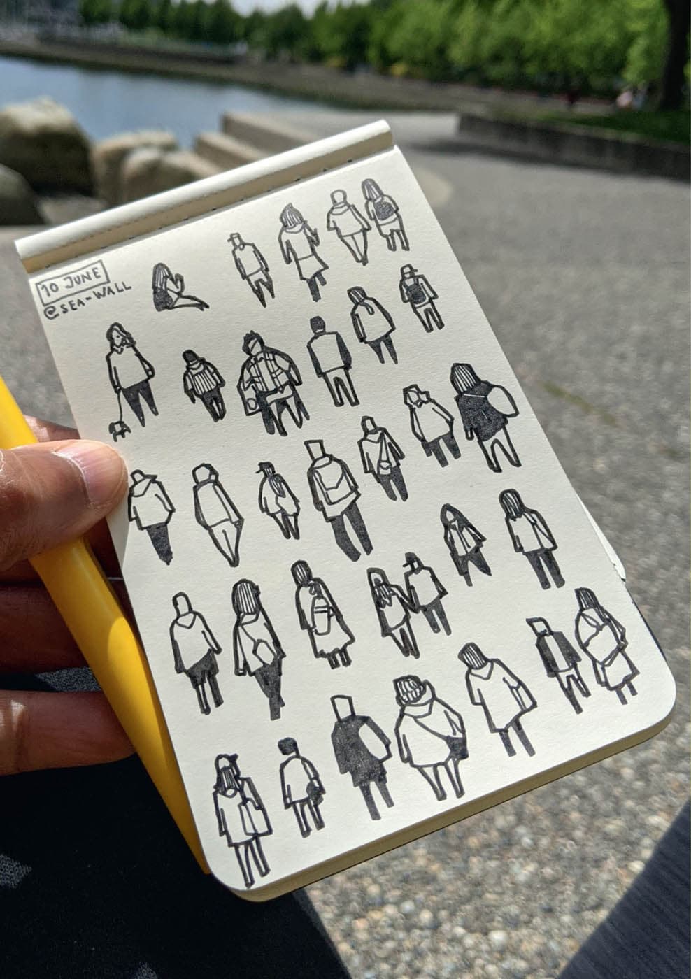 A single page in a sketchbook is filled up with contour study sketch of many different people in a variety of candid poses.