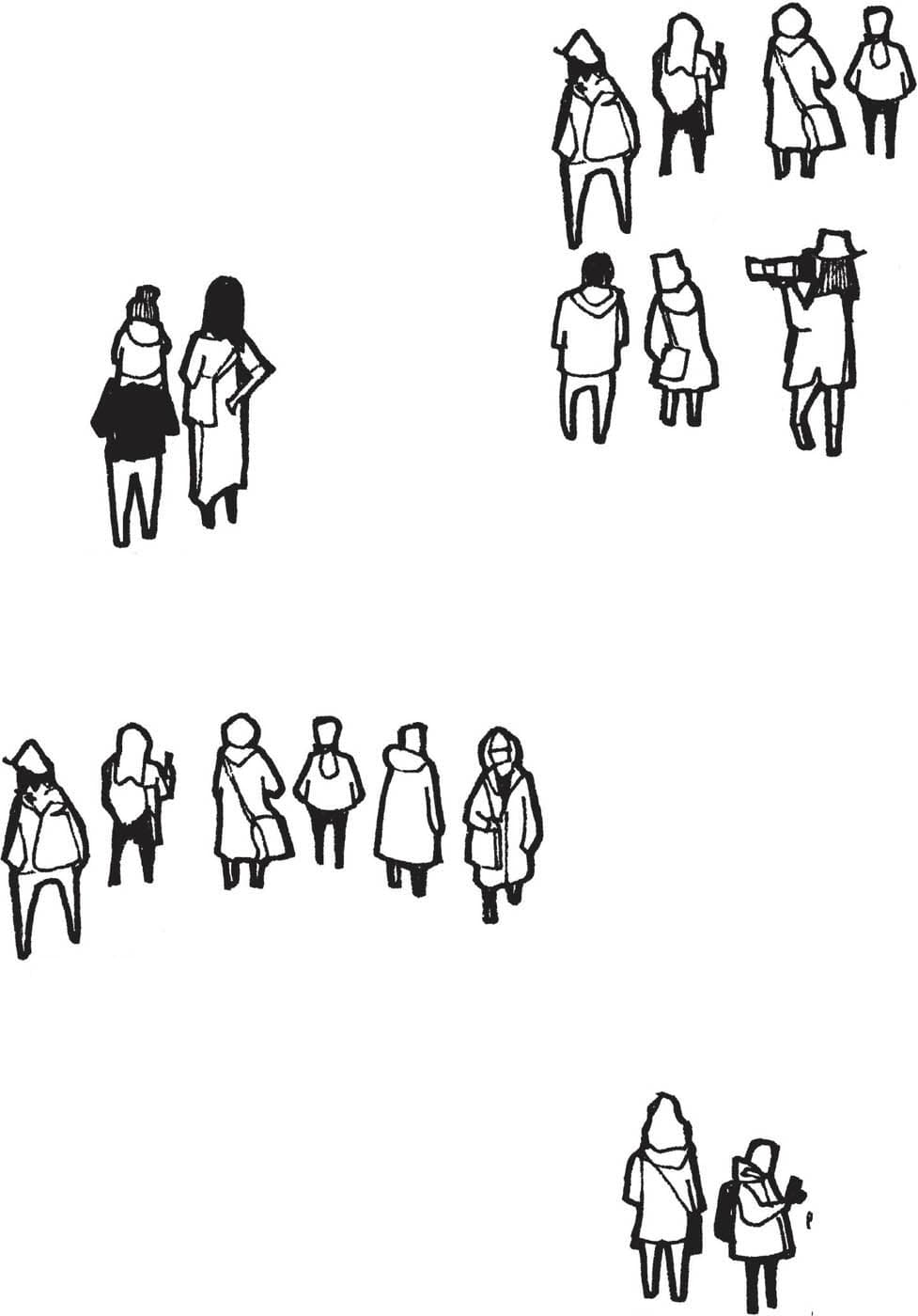 A collection of several small clusters of simplified sketched human figures in groups, walking or standing in various postures.