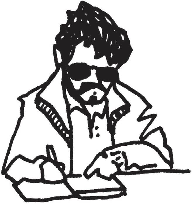 Author self-portrait sketch of a man with sunglasses and a beard, drawing in a notebook.