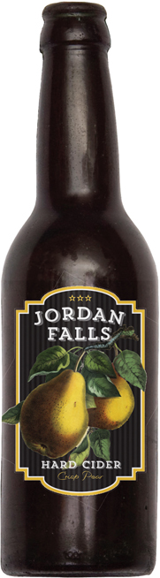 A bottle of Jordan Falls Hard Cider, in the flavor Crisp Pear. The label has an illustration of pears and pear leaves on a dark striped background. The brand name, Jordan Falls, is displayed at the top with 3 stars, and the words Hard Cider and Crisp Pear are below.