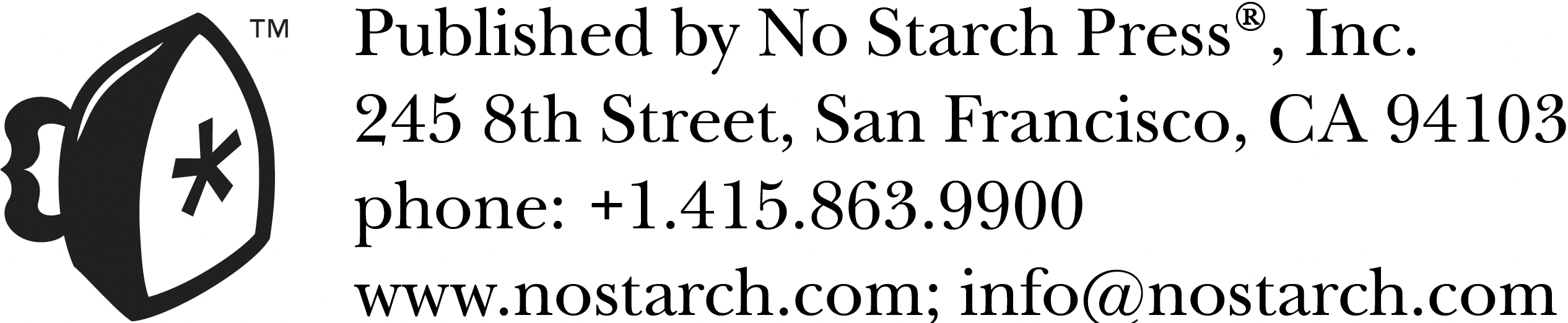 Publisher’s logo shows a stylized iron with a trademark symbol. The text reads: Published by No Starch Press, Inc. 245 8th Street, San Francisco, CA 94103. phone: +1.415.863.9900. http://www.nostarch.com.