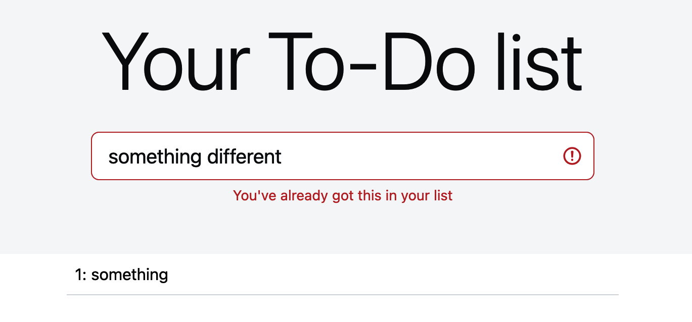 A screenshot of the 'Please fill out this field' error in red, still shown despite the fact that the input value has been modified to be different from the existing item in the list
