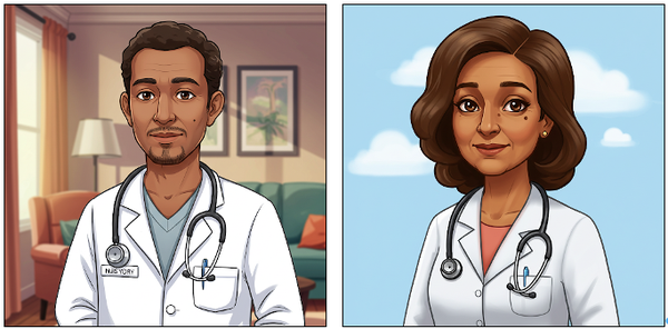AI-generated illustrations of a man and a woman wearing white lab coats and stethoscopes, highlighting gender bias in AI image analysis.