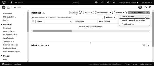 AWS EC2 console displaying the "Launch instances" dropdown menu with the option to "Launch instances" highlighted.