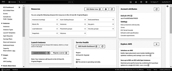 Screenshot of the Amazon EC2 dashboard showing resources, account attributes, and the option to launch an instance in the US East (N. Virginia) region.