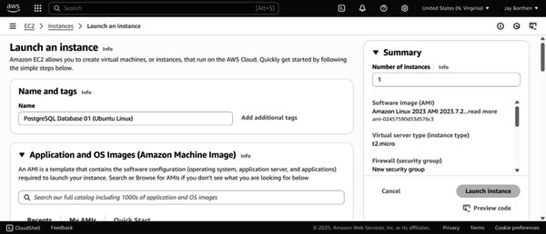 AWS EC2 launch instance page showing the naming section filled with "PostgreSQL Database 01 (Ubuntu Linux)," illustrating the step to name an instance.