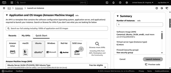 AWS console interface displaying the selection of Ubuntu under the Quick Start tab for Amazon Machine Images setup.