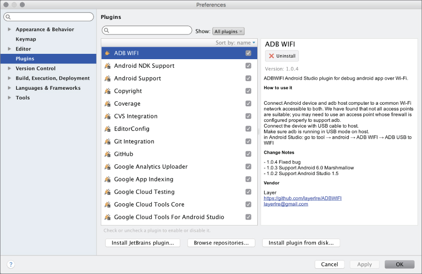 Installed plugins in Android Studio screen.
