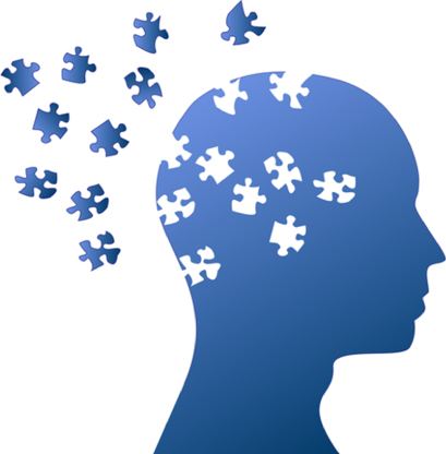 Illustration of a human head with many puzzle pieces flowing in and out of the brain.