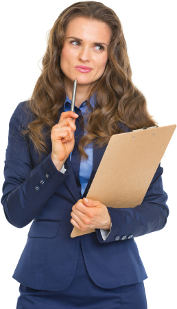 Photo of a woman contemplating about something and she is holding writing pad in  her left hand and a pen against her chin in her right hand. 