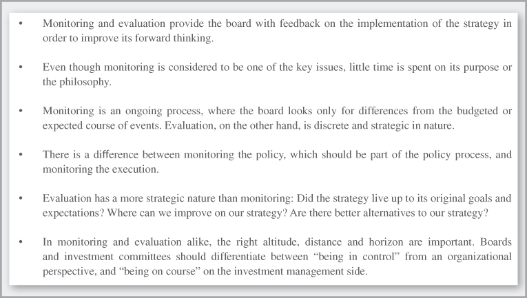 Chart summarizing the key points  for monitoring and evaluating the overall strategy and selected investment managers for implementing different steps.