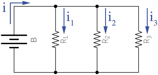 Resistors in parallel with a battery displaying R1, R2, and R3 with downward arrows labeled i1, i2, and i3.