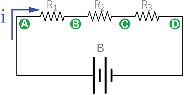Resistors in series with a battery displaying R1 A, R2 B, R3 C, and D.