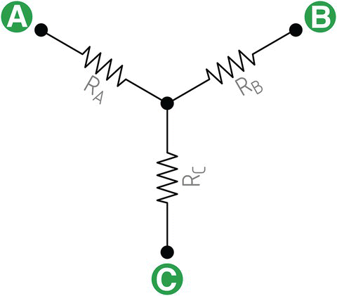 Y or Wye circuit displaying RA, RB, and RC with points labeled A, B, and C.