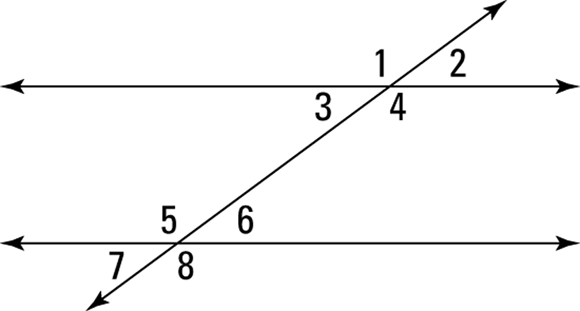 Geometry of two parallel lines and one transversal line with eight angles 1, 2, 3, 4, 5, 6, 7, 8.