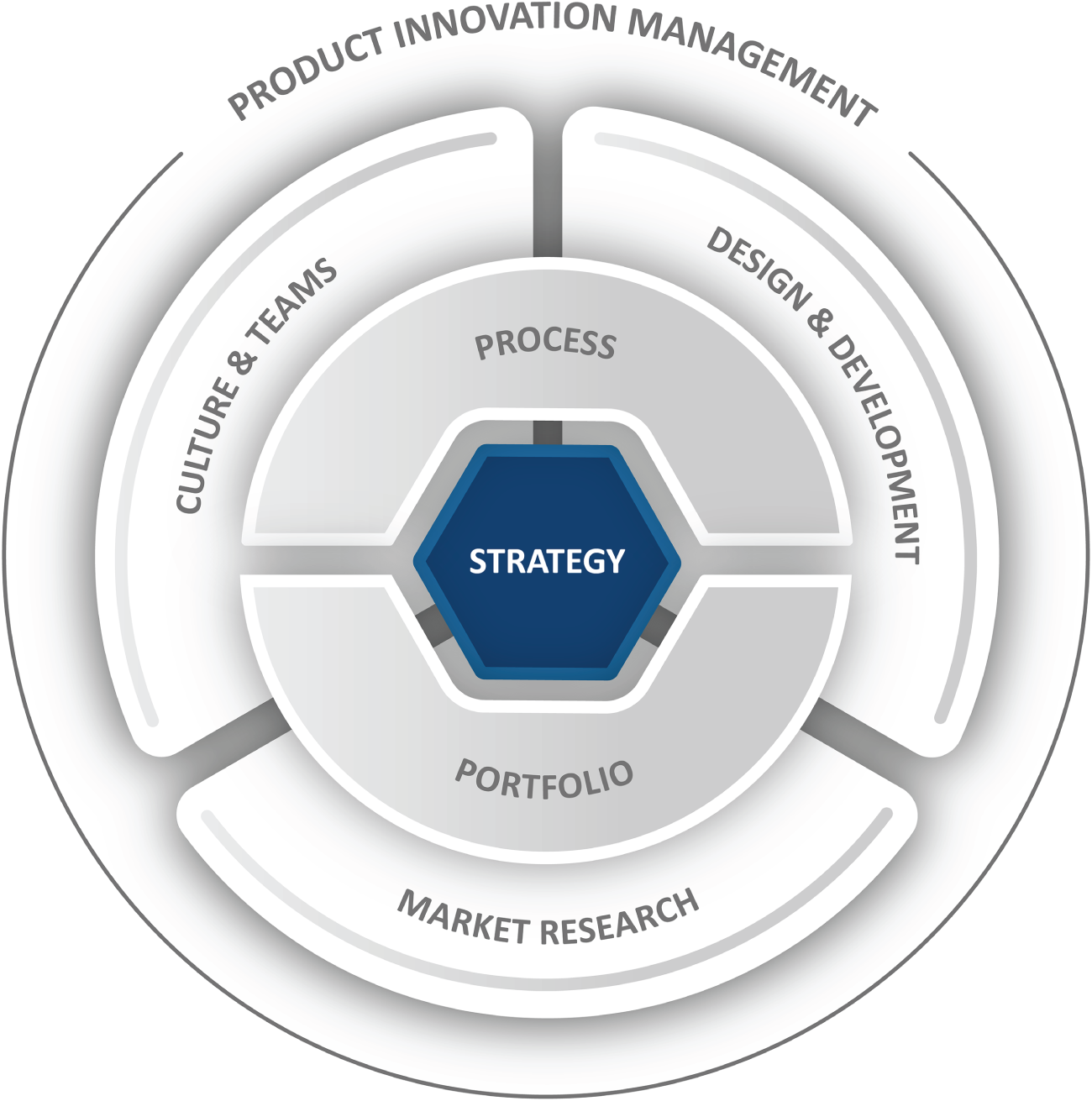 An illustration of the strategy. It highlights product innovation management, market research, portfolio, process, culture, teams, design, and development.
