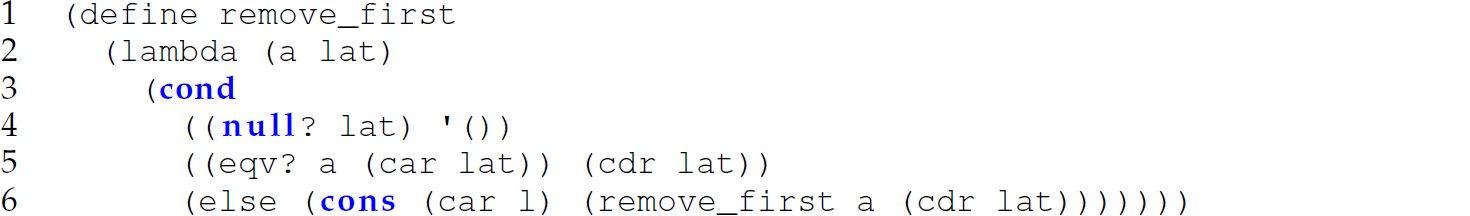 A set of six code lines in Scheme with the remove underscore first function.