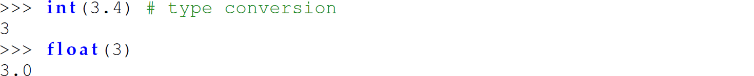 A set of four code lines in Python for numeric conversions.