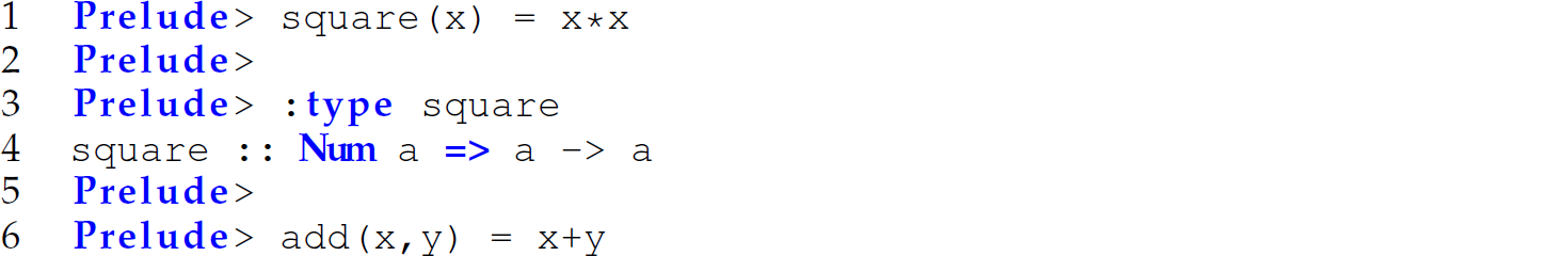A set of six code lines in Haskell with simple user-defined functions.