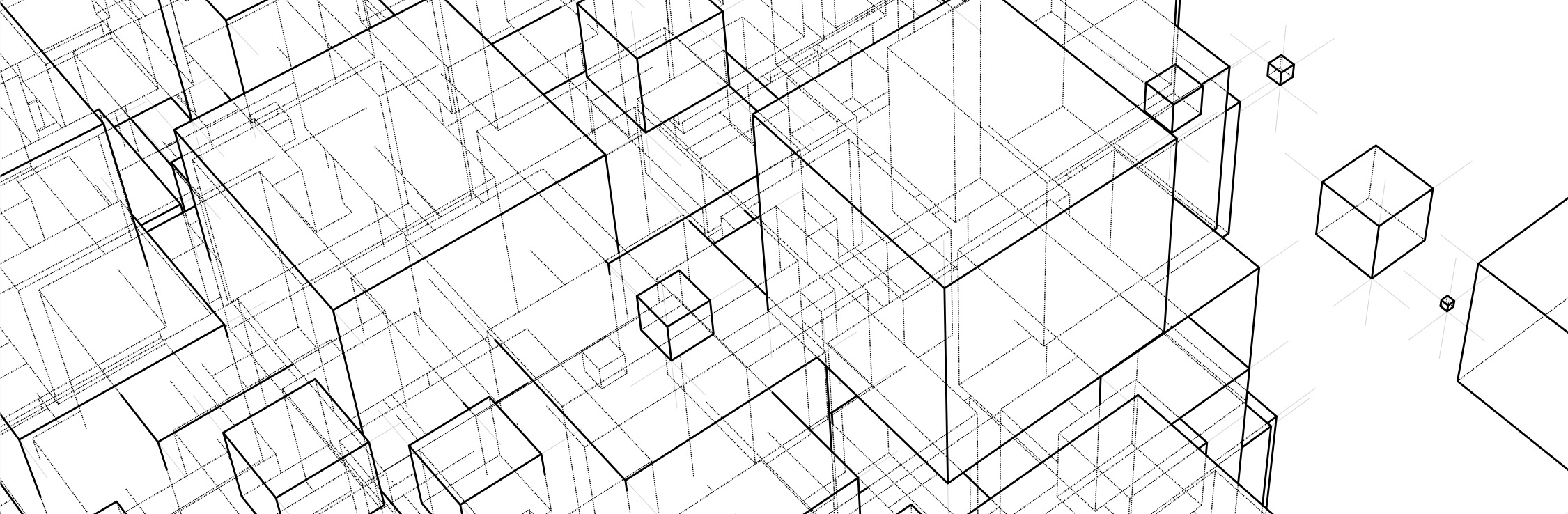 An abstract graphic consisting of small, medium, and large cubes.
