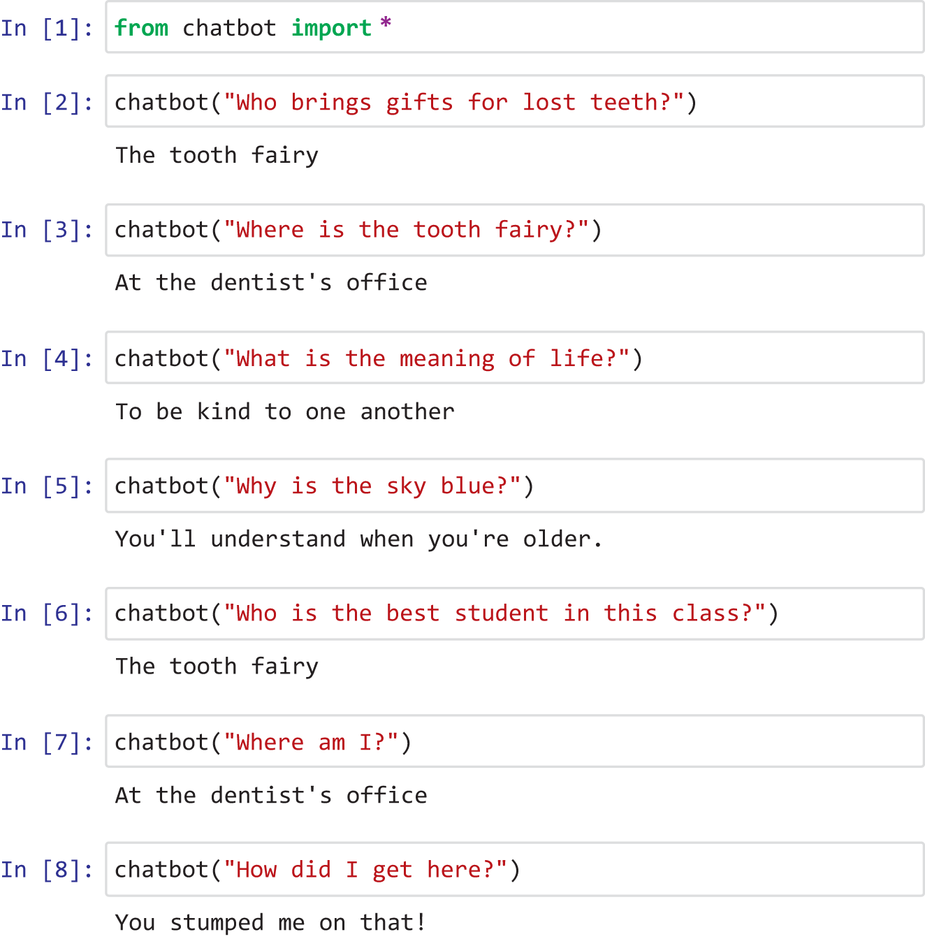The chatbot presents the finished program in action in Python. 