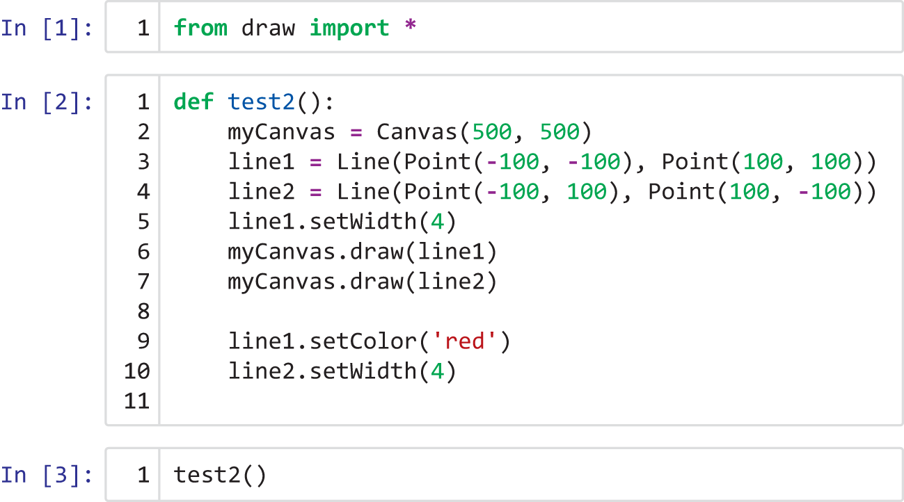 A Python program window contains a simple function called test 2 to draw two lines that cross.