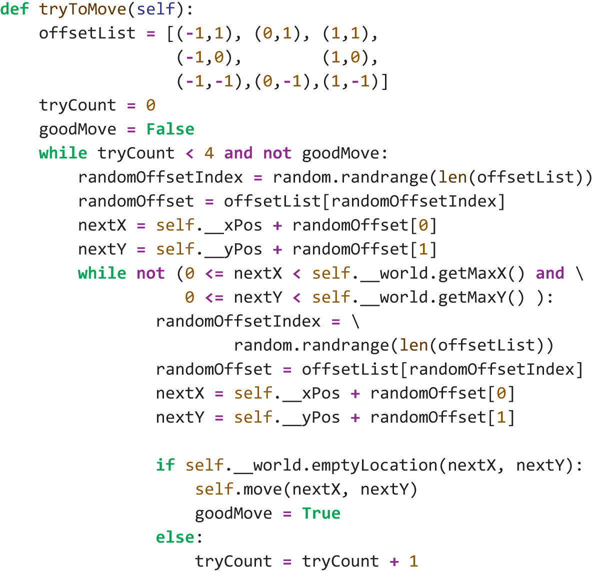 A program code presents how to modify the try To Move method to allow the fish to try up to four random locations for its move.