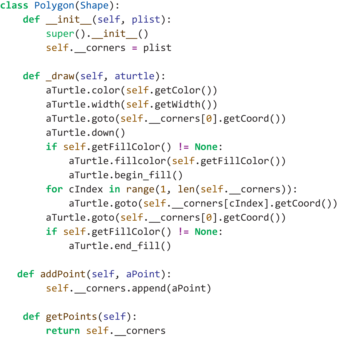 A program presents how to implement the design for Polygon and its children.