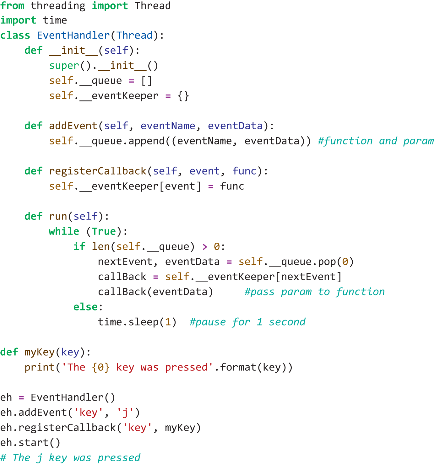 A Python code presents how to modify the simulation so that you can have a key event and pass the name of the key as a parameter to the callback function.