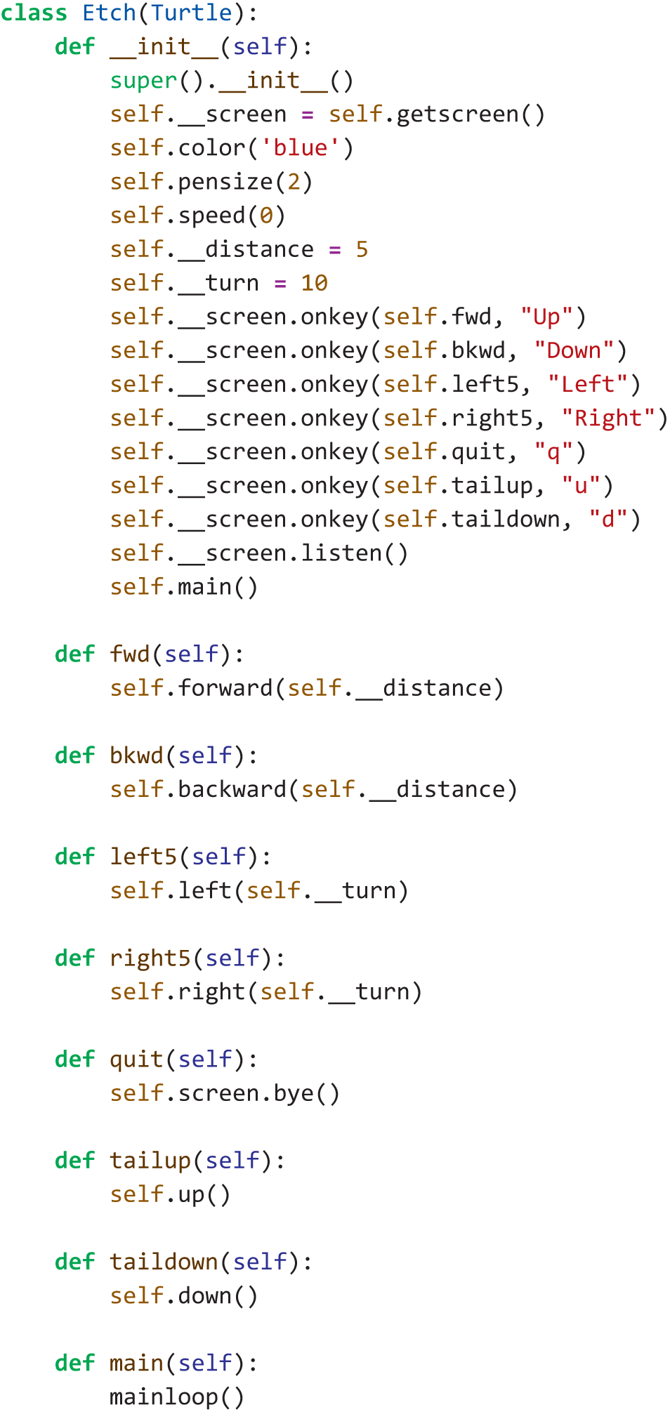 A program code presents how to add a new key event to the Etch program to allow the turtle to pick up or put down its tail.