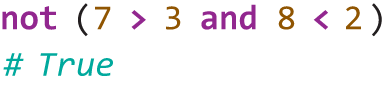 Two lines are displayed. Line 1 reads: not left parenthesis 7 greater than 3 and 8 less than 2. Line 2 reads: Hash True.