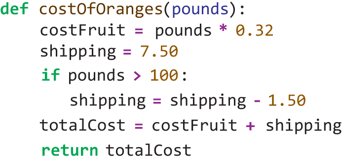 A Python code defines how the total cost of a fruit company by adding the fruit cost and the shipping.