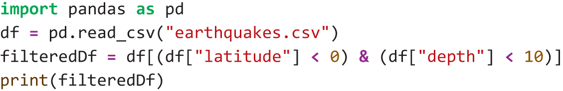 A Python program filters the earthquake data to return only earthquakes that occurred in the Southern Hemisphere.